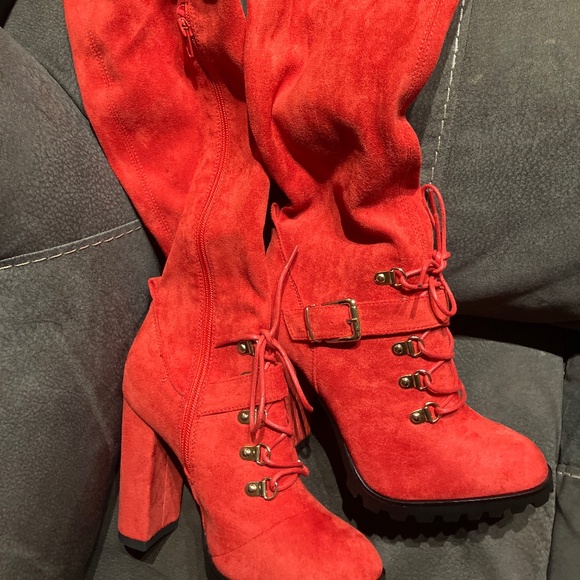 Thigh High Heeled Woman’s Red Suede Boots Size7 - Picture 1 of 12